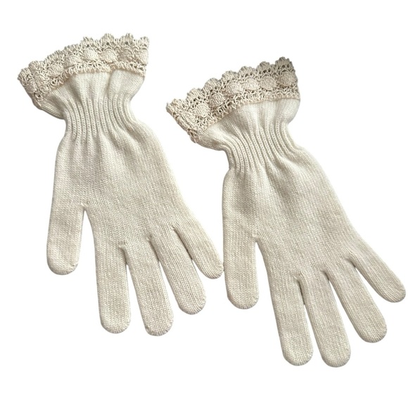 PARKHURST Angora-Lambswool Knit Gloves w/ Crochet Lace Cuff Ivory Made in Canada - Picture 4 of 8